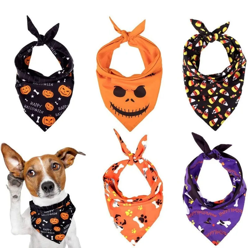 

Halloween Pet Bandana Adjustable Triangle Scarf For Dogs Cats Pumpkin Skull Ghost Design Pet Accessories Puppy Kitten Costume