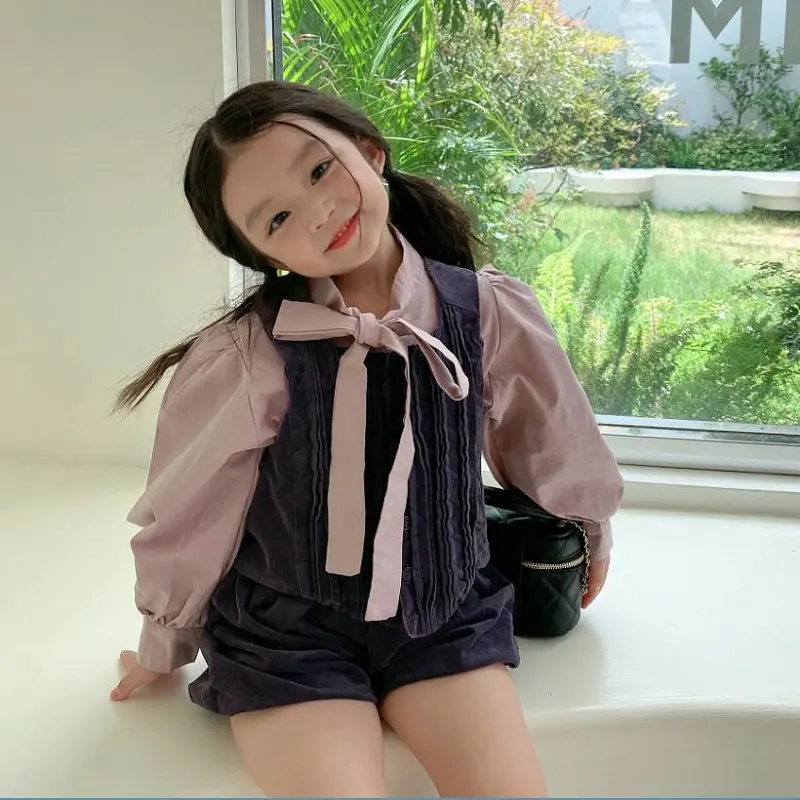 Girls' Suit Long-sleeved Lace-up Lady Shirt Plus Vest Vest Shorts Three-piece Set 25 Spring and Autumn New Models