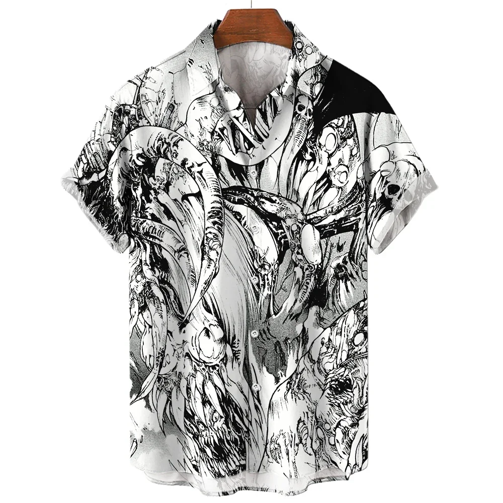 Summer Men\'s 3D Printed Horror Pattern Shirt Hawaiian Fashion Designer Tops Streetwear Clothes Gothic Short Sleeve Button