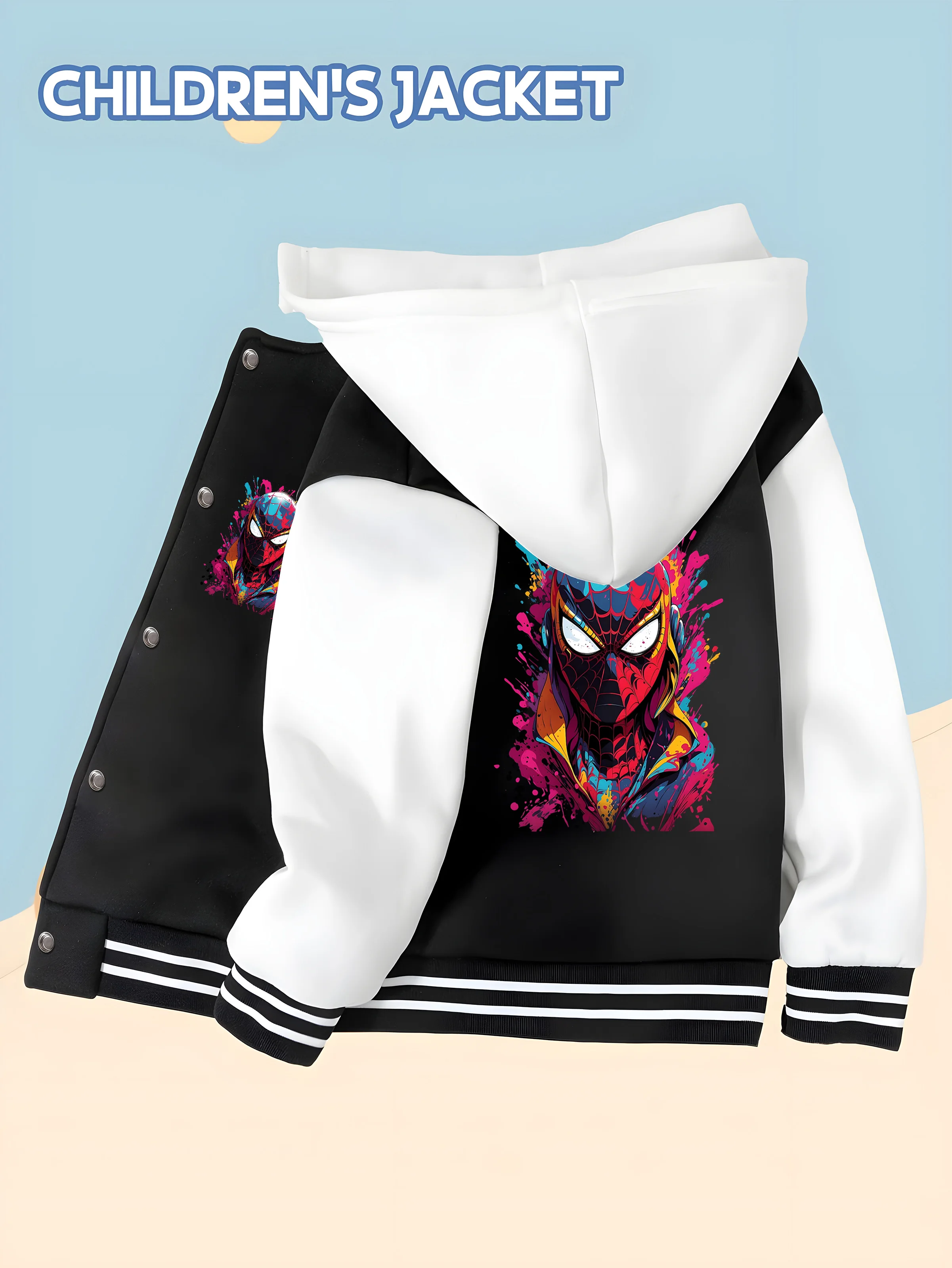 

MINISO Artistic ink-splashed Spider-Man children's baseball jacket with unique color printing, hooded baseball design, trendy