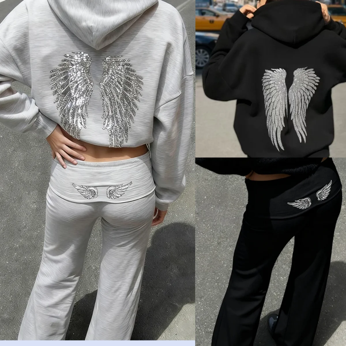 Retro shiny wings printed long-sleeved zipper casual sweatshirt autumn and winter women's hooded straight pants solid color suit