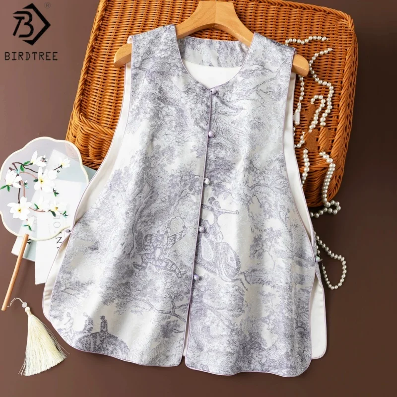 Birdtree, 100% Silk Print Tank Top, Woman Single Breasted Tops, Song Brocade Slit Vest, Chinese Style, 2026 Autumn New T69520JF