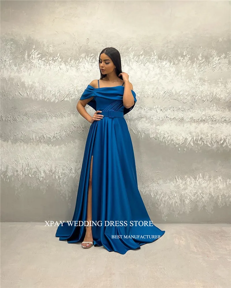 XPAY-Robe de Soirée en Satin Bleu à Bretelles Spaghetti pour Femme, Tenue de Bal Formelle, avec Ceinture Fendue, de Grande Taille