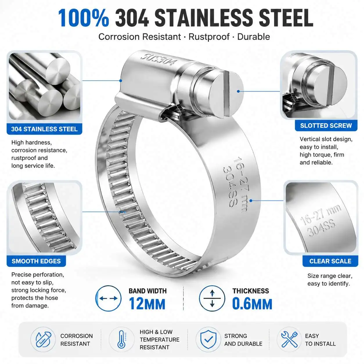 304 Stainless Steel Hose Clamp German Type Worm Drive Clamp 12mm Width Adjustable Heavy Duty Pipe Clamp for Automotive Plumbing