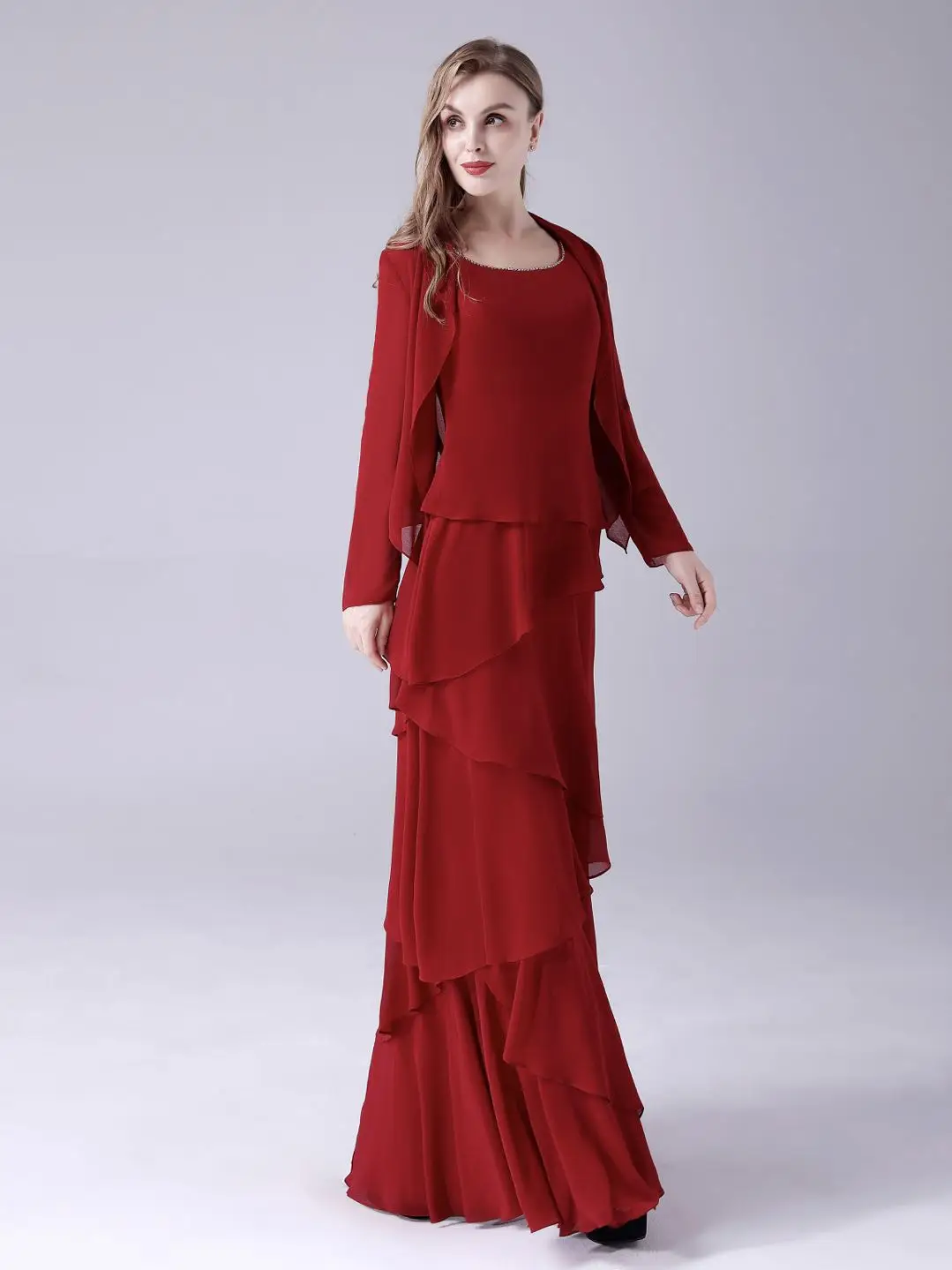 Red Chiffon Long Mother Of Bride Dresses Suits With Chiffon Jacket Long Sleeves  Women Summer Elegant Wedding Party Dress