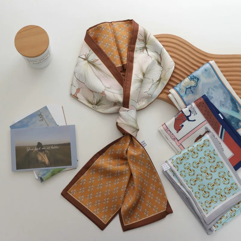 Hair Band Silk Scarf Thin Scarf Ribbon Arm Bag Decorative Women's Duplex Printing Narrow Thin Suit Scarf Belt Small Strip