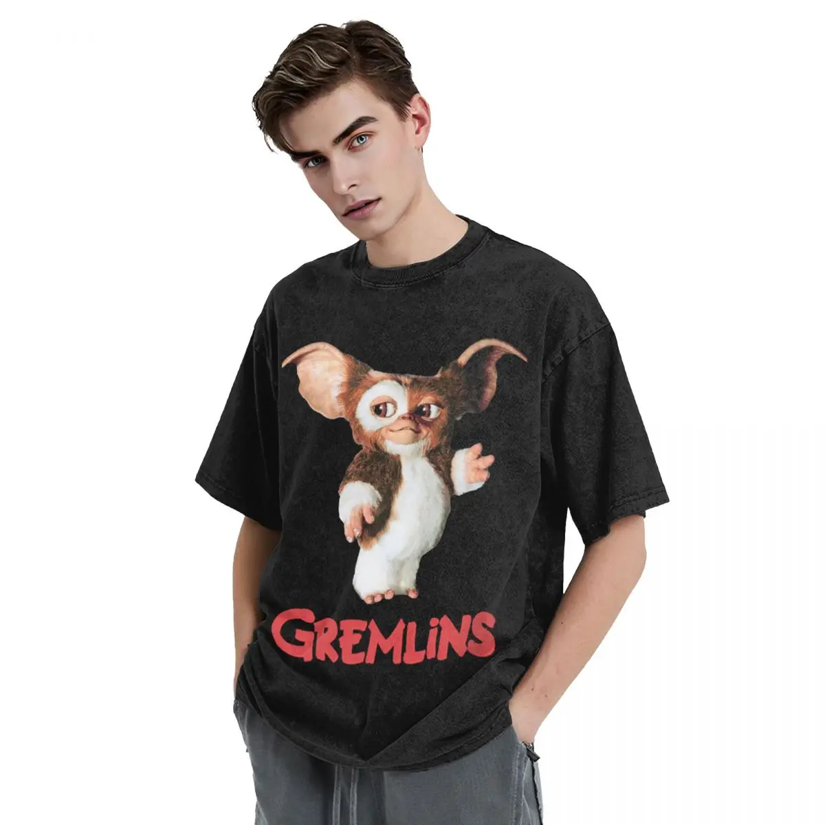 Gremlins Gizmo T Shirt Washed 100% Cotton Oversize T-Shirt Monster 80s Horror Christmas Movie Novelty Graphic Printed Tops Tees