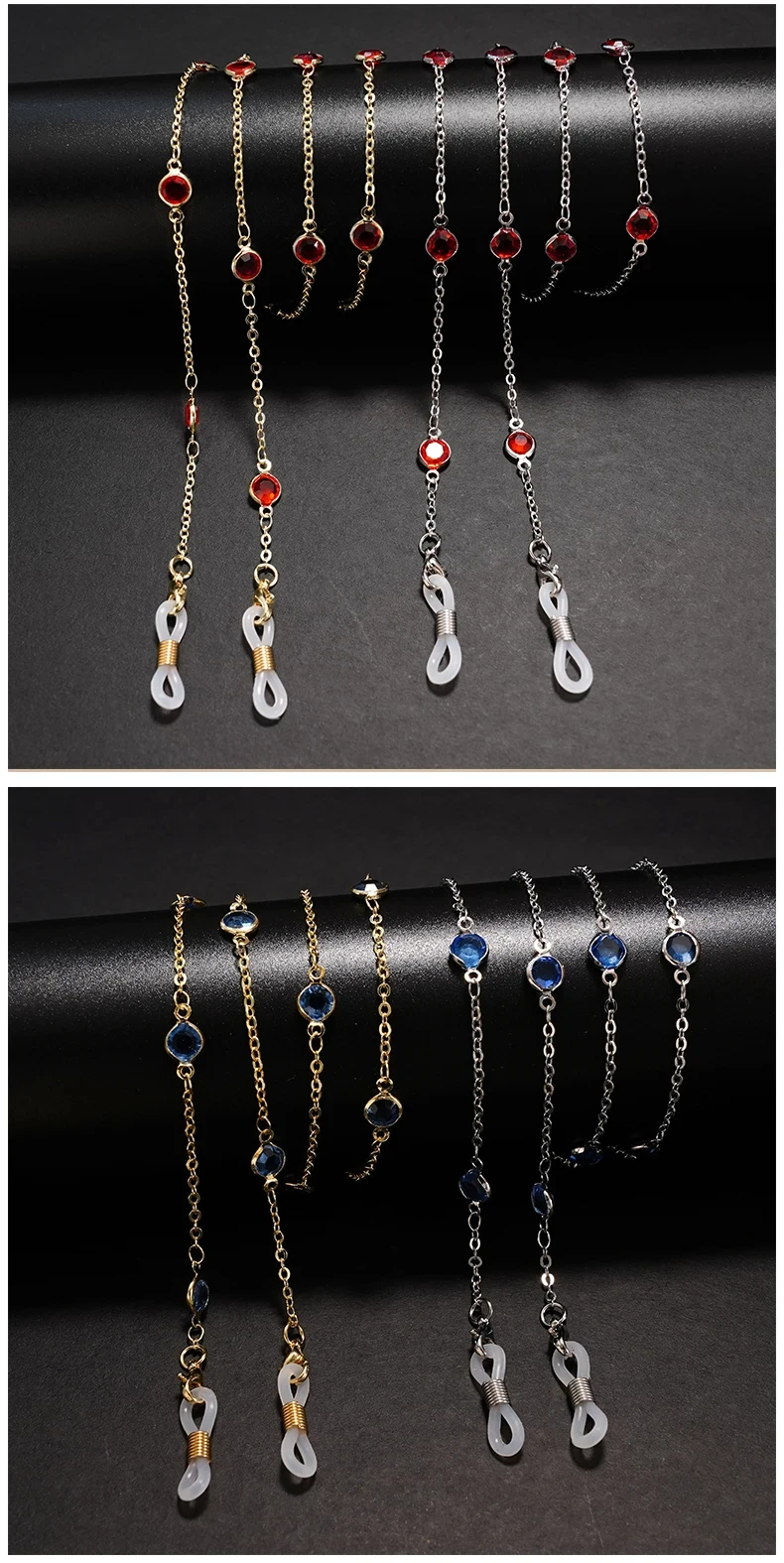 Wasser-Diamant-Sonnenbrillenkette, modische Metallmaske, schlichte Perlen-Edelstein-Brillenkette, Charm, rotes Brillenband, Brillenrahmen-Seil – Detail 7