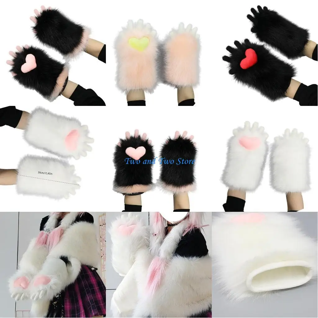 HX6F Boy Girls Cartoon Cats Paw Glove Cosplay Halloween Performances Plush Mitten