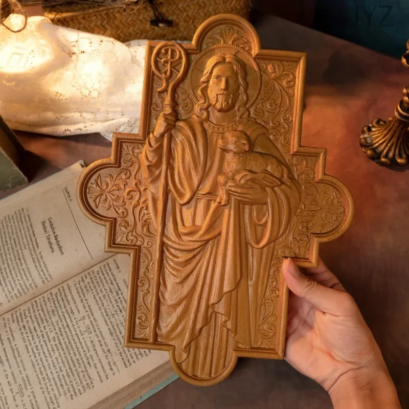 Religious Catholic Saint Jesus Statue of Good Shepherd Wood Plaque Carved Wall Art Decoratio