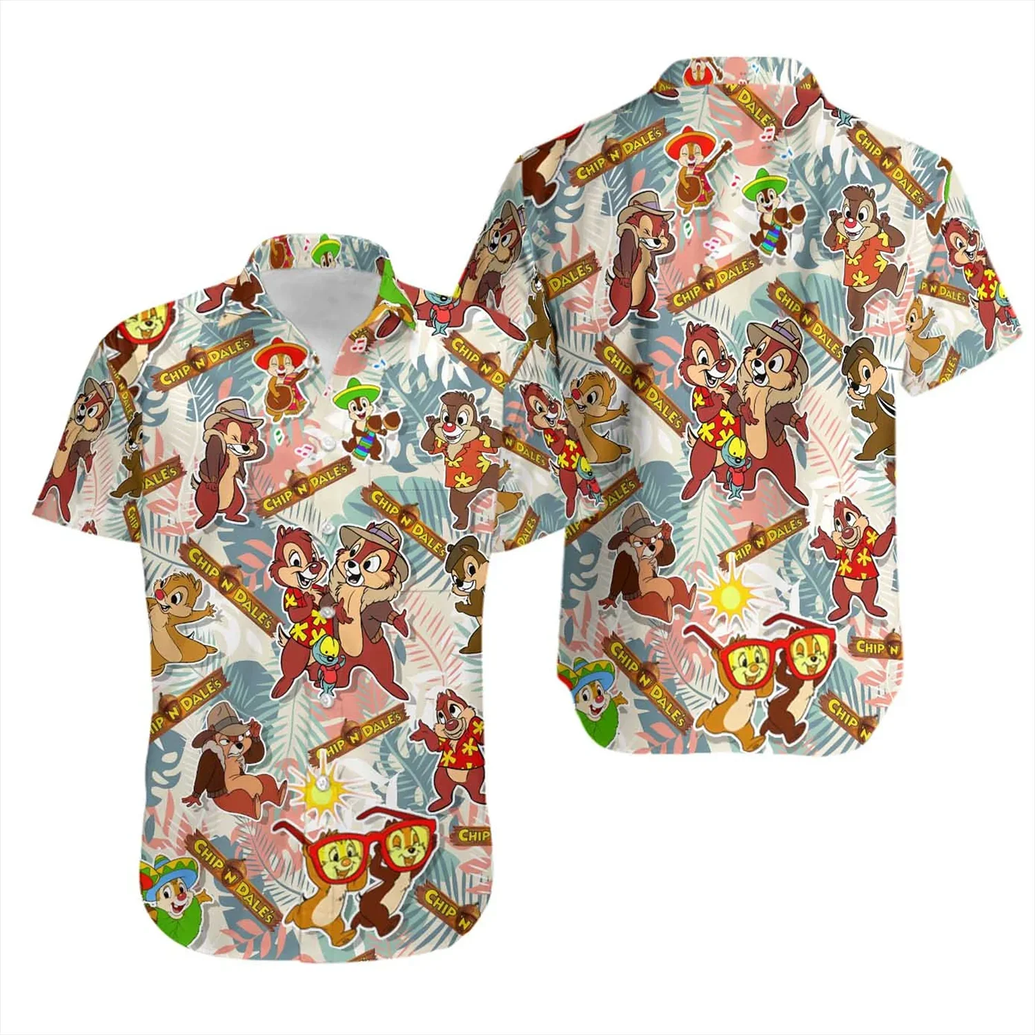 Chip e Dale camisa havaiana para homens e mulheres, manga curta, camisa havaiana disney, estampa tropical de verão, camisa de botão de férias