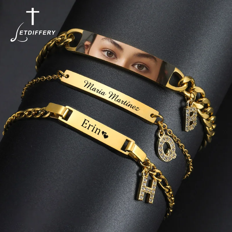 Letdiffery Custom Photo Name Bracelet with Zircon Capital Letter Charms for Women Kids Stainless Steel Personalized Jewelry Gift