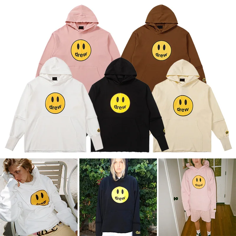 

Drew House Premium Brown Smiley Face Men's Patchwork Hoodie with Distressed Hem Loose-Fit Couple's Hoodie for Women