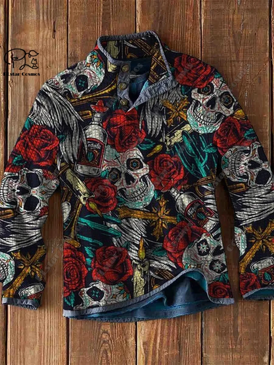 PLstar Cosmos new 3D printing tribal retro pattern series warm stand collar sweater Polo street casual unisex winter Polo L-6