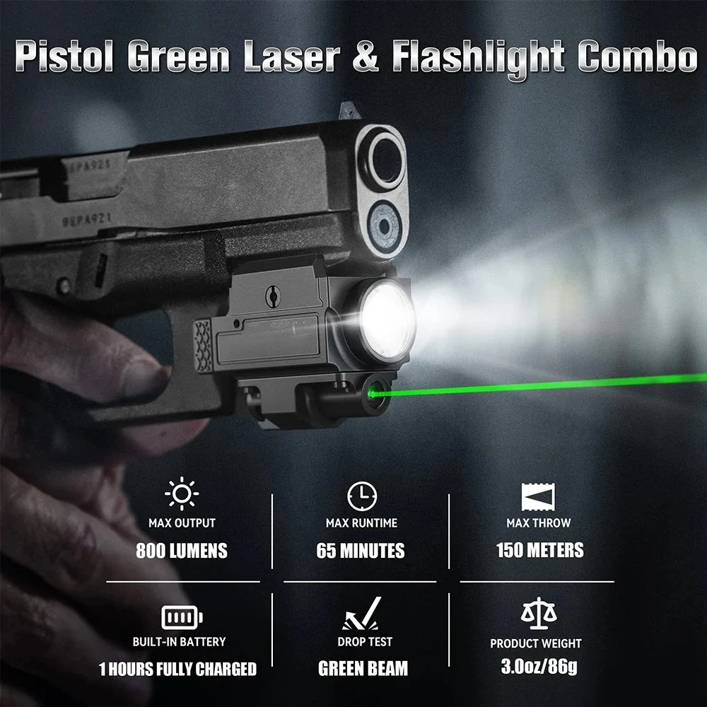 Richfire Green Laser & Flashlight Combo 800 Lumens Weapon Gun Light Compact USB Rechargeable Quick Release Gun Torch