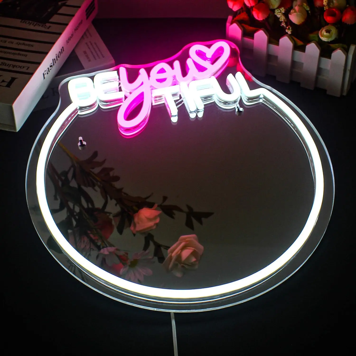 Beyoutiful Mirror USB Neon Light Dimmable Vanity Wall Lamp for Dress Table Bedroom Makeup Room Aesthetic Birthday Gift for Girl
