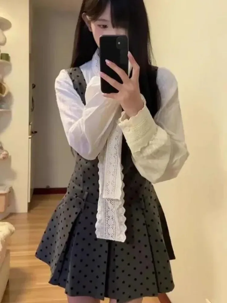

New Sweet Wave Point Ruched Vest Dress for Women+ Bow Lace Up Long Sleeve 2025 Autumn Shirts Women Two Piece Sets