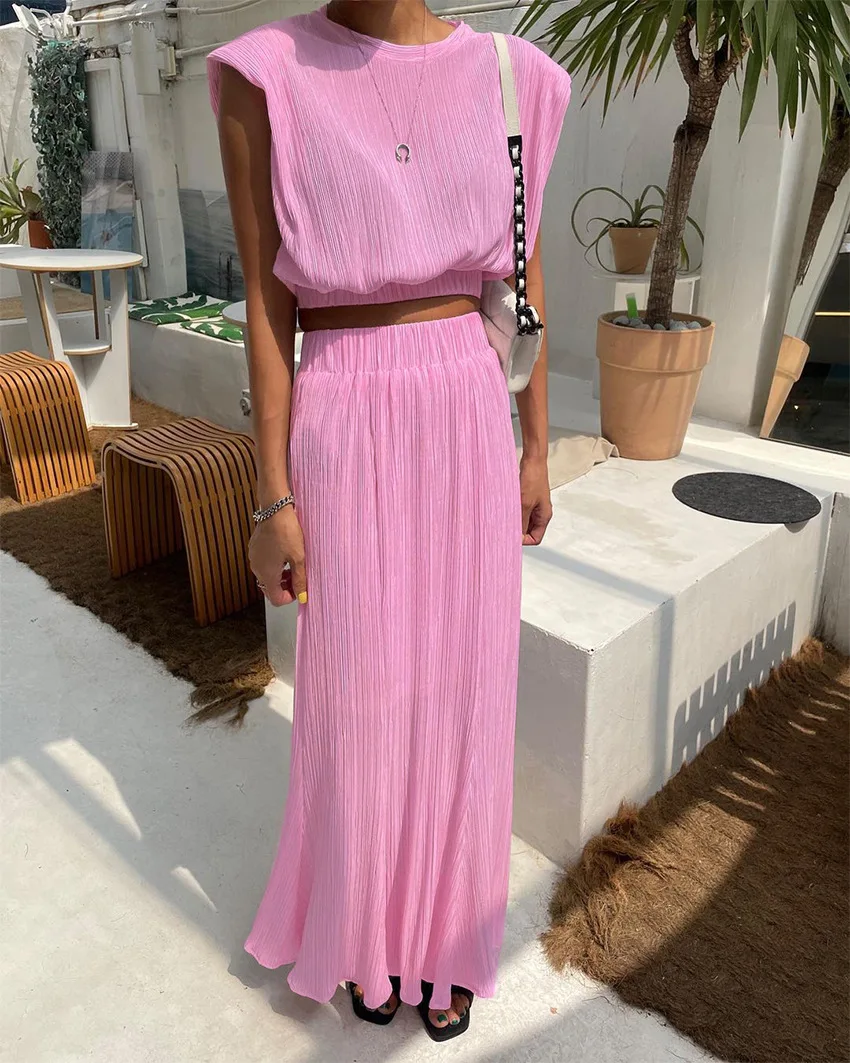 Women Street Two Piece Set Pleated Elegant Skirt Sets O-Neck Shoulder Pads Tank Top Summer Outfit Elastic Waist Long Skirt Set