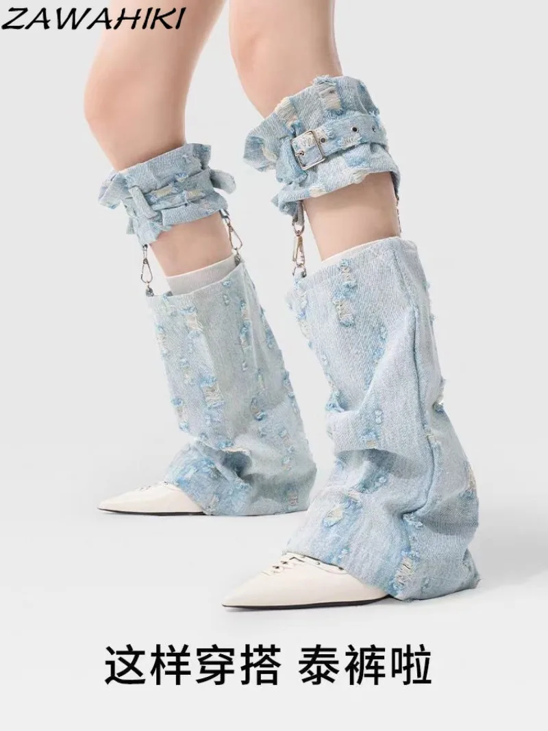 

Denim Y2k Leg Warmers for Women Patchwork Hole Design Legwarmers Hollow Out Elegant Long Socks Harajuku Fashion Pile Socks