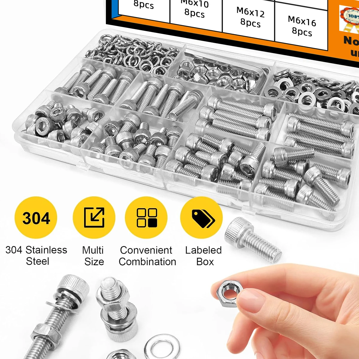 172 قطعة M6 304 الفولاذ المقاوم للصدأ المسمار M6x8/10/12/16/20/25/30/35 مللي متر سداسية المقبس رئيس الترباس مجموعة الجوز قفل مسطح غسالة