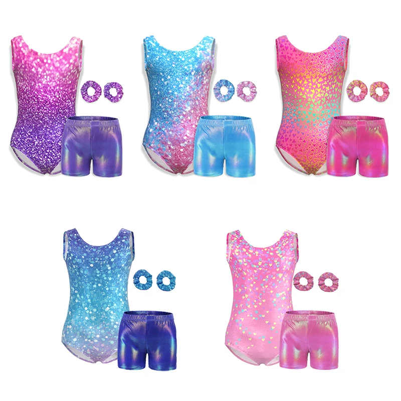 Leotards for Girls Gymnastics Kids Shiny Colorful One Piece Tumbling Outfits with Shorts Hairband