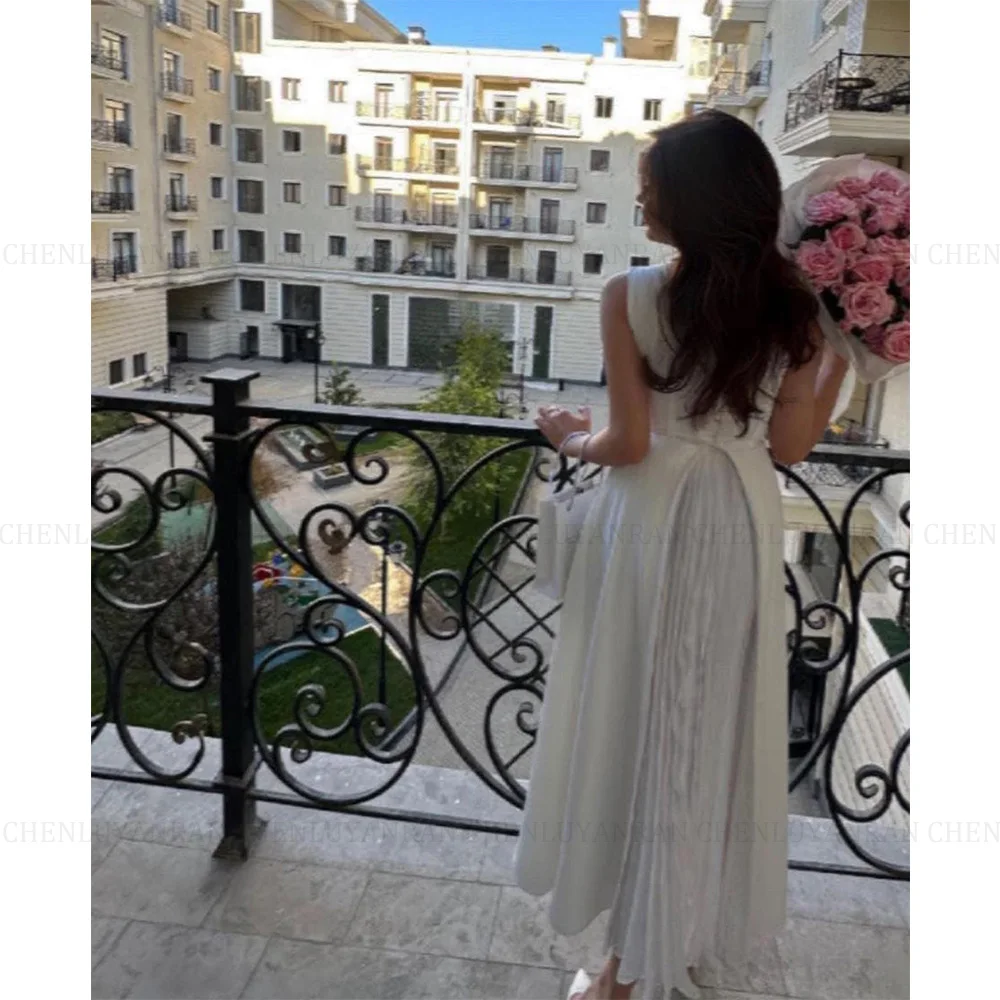 MOLISA Satin Chiffon Saudi Arabia Elegant Formal Occasion Dresses 2024 A-Line O-Neck Prom Party Dress Pleated Long Evening Gowns