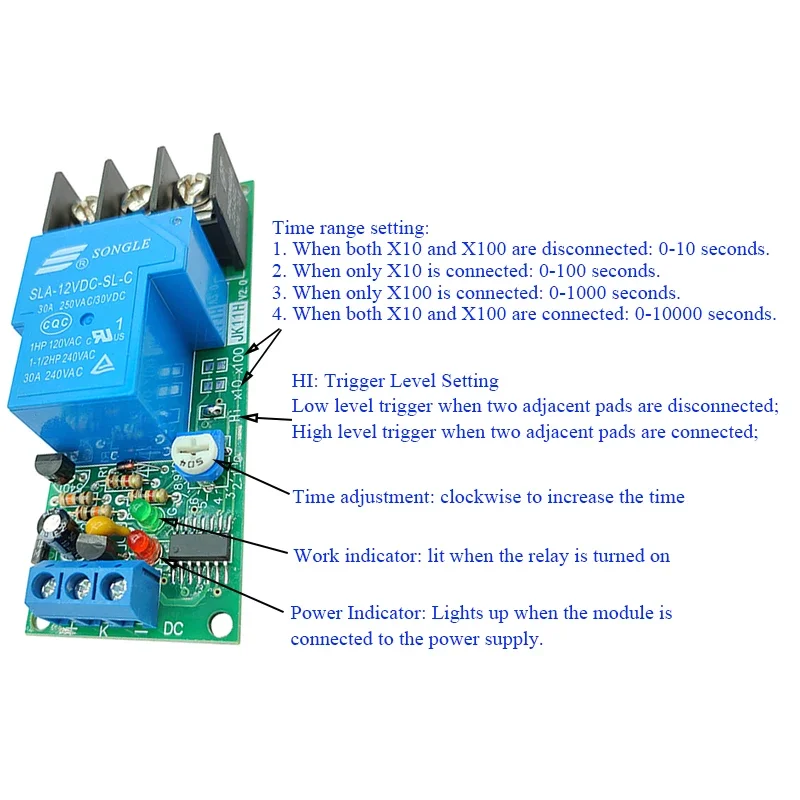 Módulo de Relé de Alta Potência Tempo Delay, Condução Ajustável, Interruptor de Controle do Temporizador de Circuito, 30A, 12V, 24V, 1-10000s