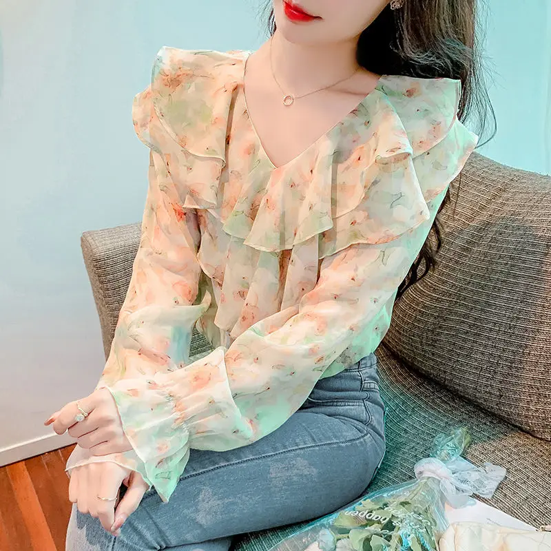 Women\'s Korean Fashion Ruffles Floral Print Sweet Chic Blouse Elegant V Neck Long Sleeve Chiffon Shirt Casual Tops Female Blusas