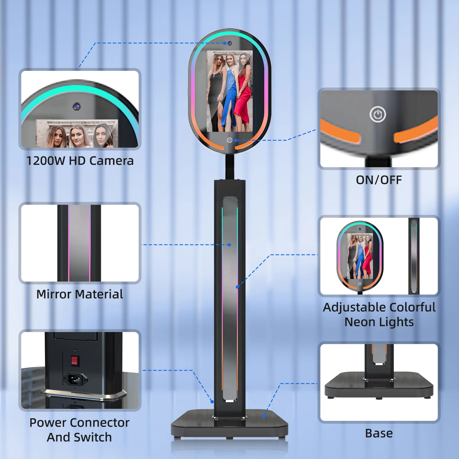 شاشة لمس كشك الصور بمرآة سحرية مع طباعة وكاميرا 1200 وات بكسل 4K عالية الدقة مع التحكم في مصدر تطبيق البرمجيات