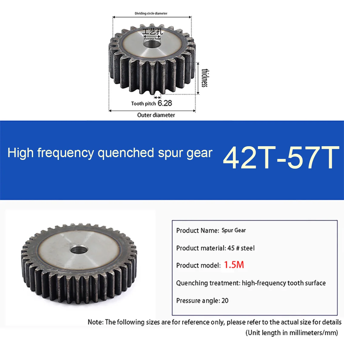1 Pcs 1.5M 42/43/44/45/46/47/48-57 Teeth Rough Hole 10/12mm Gear Wheel 45# Steel Pitch 4.71mm High Frequency Quenched Spur Gear