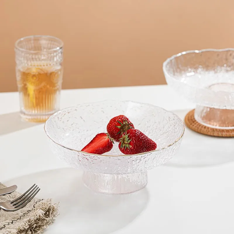 Japanese Style Home Fruit Plate Set Household Ice Dew Pattern Creative High Foot Three-Layer Glass Snack Tray Kitchen Supplies