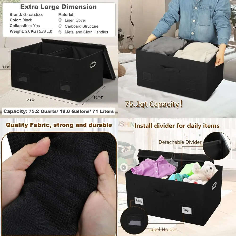 

Extra Large 75 Quart Collapsible Storage Bins with Lids, 3-Pack Black, Stackable Decorative Boxes for Storage