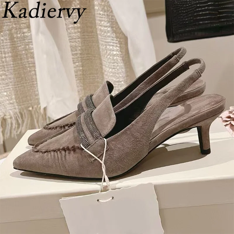 

New High Heels Women Pumps Pointed Toe Slingbacks Suede Leather Summer Shoes Woman String Bead Kitten Heels Sandals Women