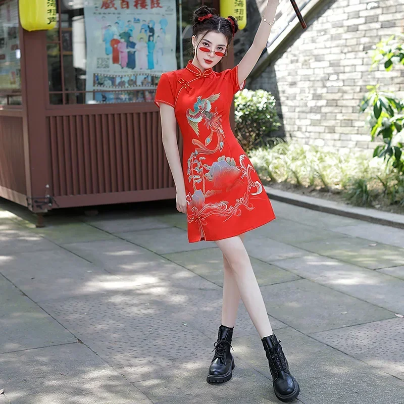 

Red National Style Fashion Print Dress Women Spring Summer Cheongsam 2024 Modern Improve Vintage Elegant Slim Girl Chinese Qipao