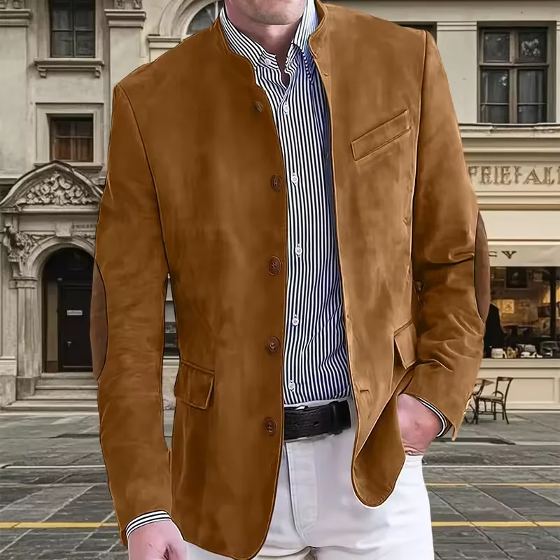 Vintage Men's Suede Blazer Elbow Patch Slim Fit Mandarin Collar Textured Fabric Jacket Business Casual Wedding Party Coat