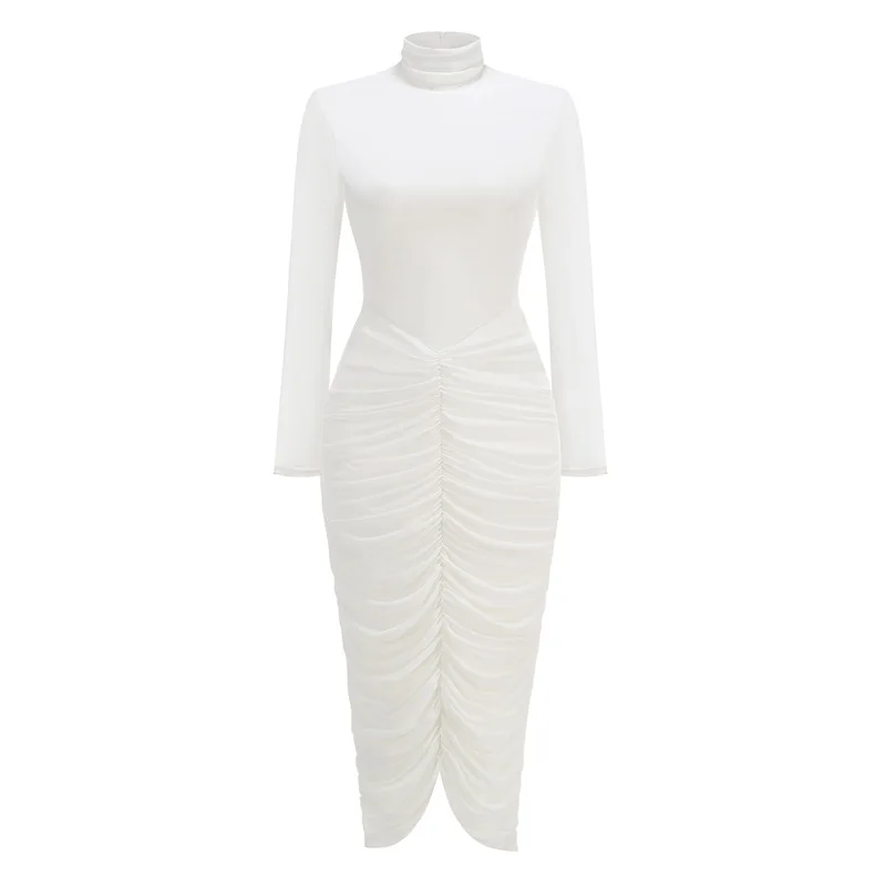 Abito da ballo tubino bianco collo alto maniche lunghe volant lungo formale abiti da cerimonia per invitati vacanza spiaggia banchetto festa abito da sposa