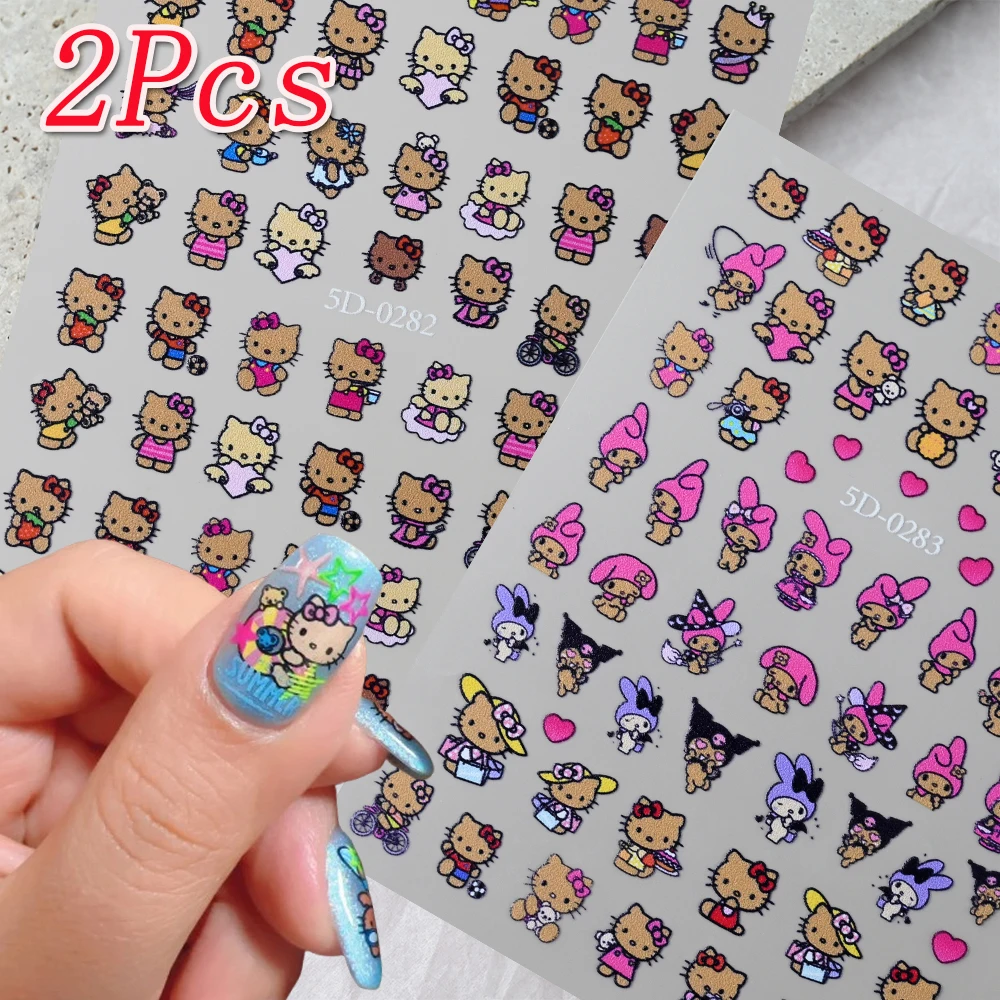 2 pçs 5d havaí pele preta hellokitty adesivos de unhas bonito dos desenhos animados bronzeado kitty gato slider decalque y2k bronzeamento kitty manicure adesivo