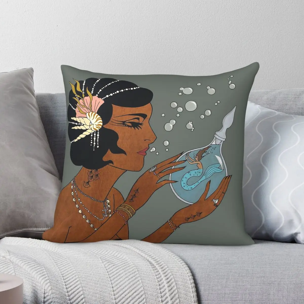 The Sea Witch Mermaid Square Pillowcase Polyester Linen Velvet Printed Zip Decor Throw Pillow Case Home Cushion Cover