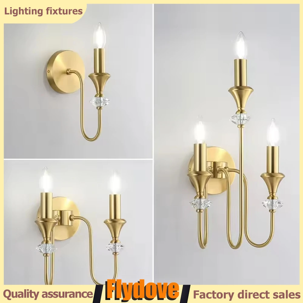 

French Crystal Brass Wall Lamp LED E14 Dual Head Black/gold Glossy Candle Wall Mounted Retro Bedroom Headboard Hotel Aisle Light