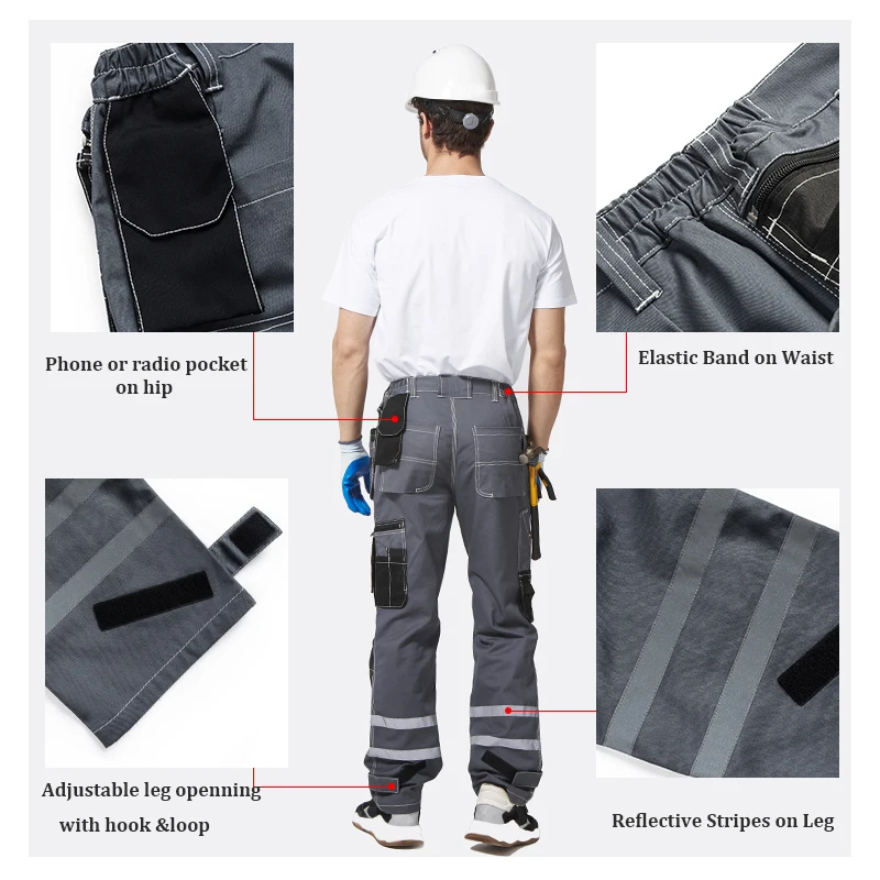 Bauskydd Mens carperner 100% cotton grey reflective work trousers with eva  knee pads work pants men