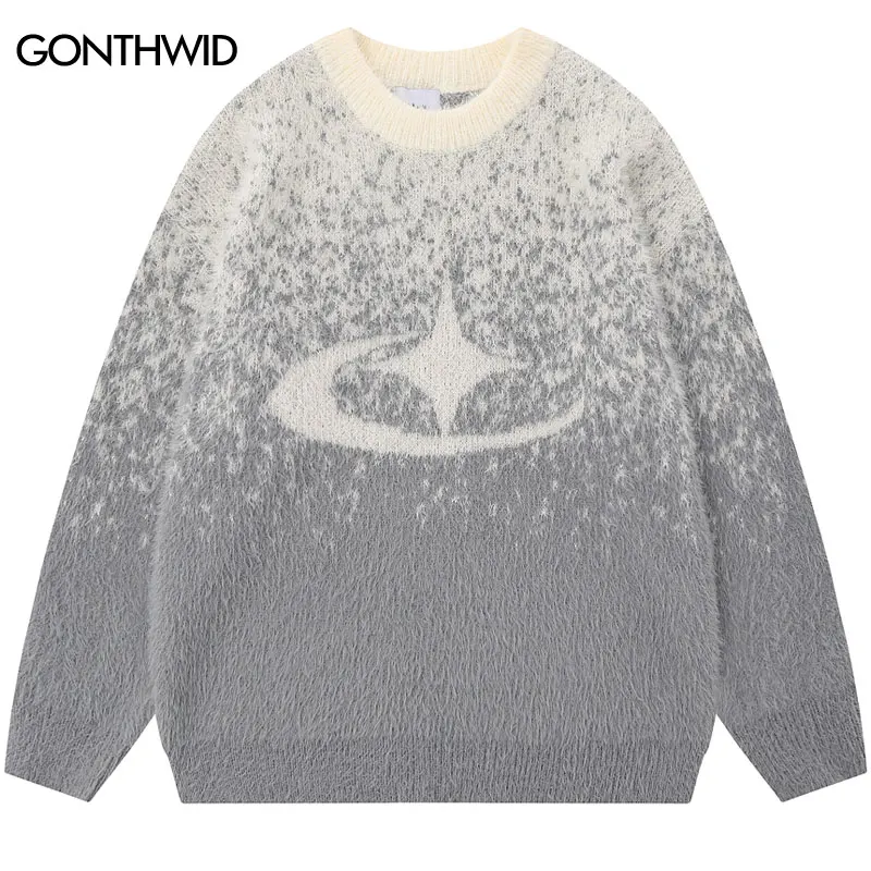 Harajuku Mohair Sweater Y2K Knitted Star Fuzzy Fluffy Gradient Pullover Jumper Streetwear 2024 Men Hip Hop Loose Cozy Sweaters