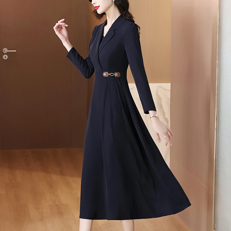 Women Autumn Winter Chiffon Dresses Suit Collar Long Sleeve Female Large Size M-3XL Elegant A Line Navy Blue Calf Length Vestido