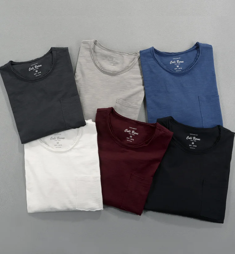 Men's Slub Cotton Long Sleeve T-shirt Crew Neck Pocket Solid Color Basic Tee, Multi Colors Casual Undershirt Spring Autumn