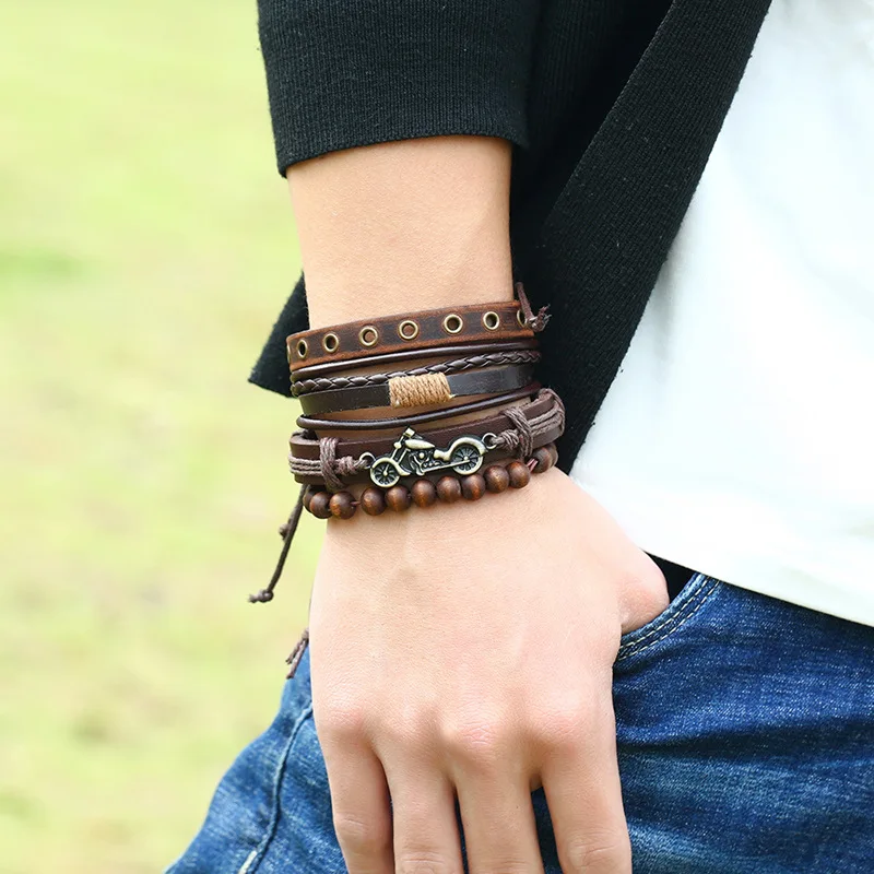 Punk's New Vintage Braided 4-piece Set Leather Bracelet Men's Hand Rope Fashion Accessories Charm Leather Men's Bracelets