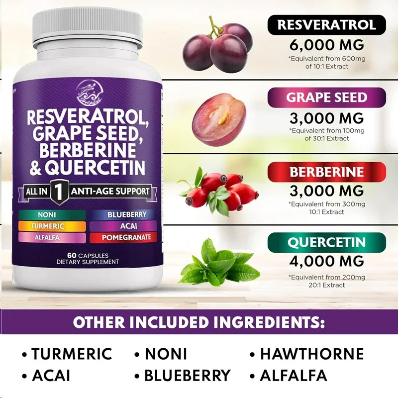 Resveratrol, Asparagine, Grape Seed Extract, Quercetin Polyphenols Supplement, N-acetylcysteine, Acai Berry Extract -60 capsules