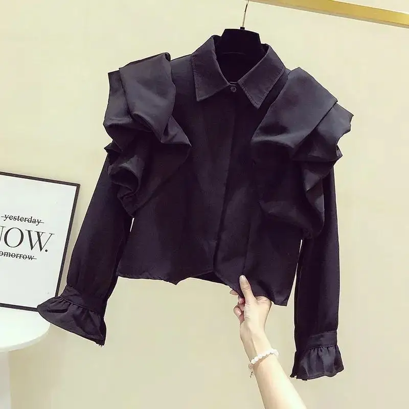 Black White Shirts Flare Sleeve Tops Chemises Femme Casual New Blusas Mujer De Moda 2024 Verano Elegantes Ruffle Blouse Shirt