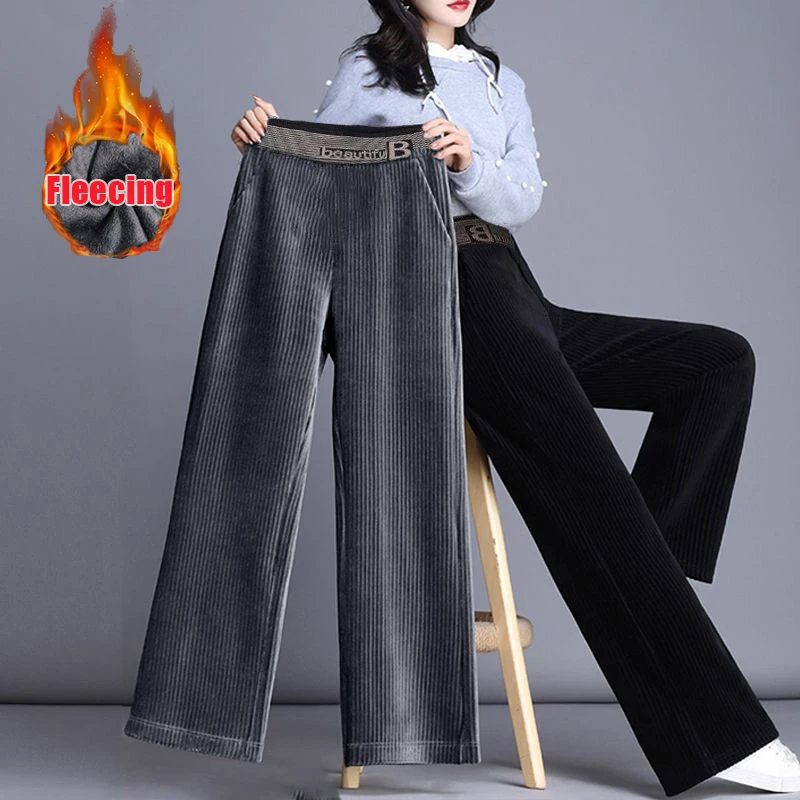 Fleecing Plush Thick Warm Letter Stripes Elastic Waist Corduroy Straight Wide Leg Long Pants Winter Casual Trouser Women Clothes