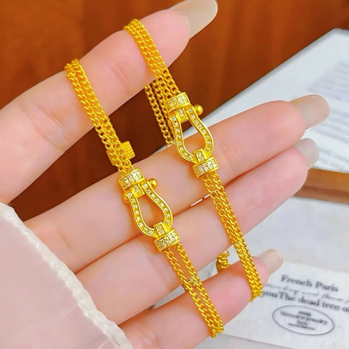 Luxury 24K 9999 Pure Gold real gold Women's Double Layer Space Chain Full Diamond Horseshoe Buckle Bracelet