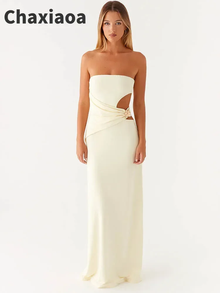 

Chaxiaoa Hollow Out Off-shoulder Sexy Maxi Dress Women Fashion Metal Flower Strapless Sleeveless Backless Bodycon Club Dress