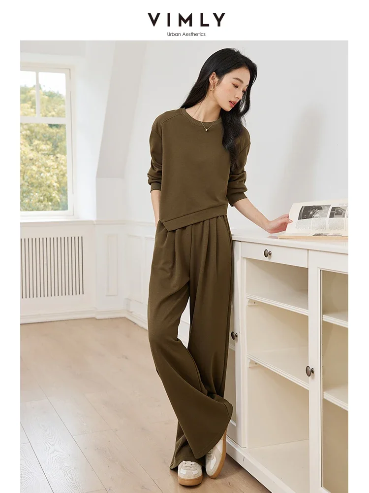 VIMLY Women's Casual Fashion Suit New Autumn Irregular Drop Sleeve Sweatshirt + Wide-Leg Pants Commuter Simple Two-Piece Set